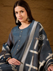 Women Yellow Chanderi Solid Woven Design Straight Kurta Trousers With Dupatta-SKSKD3028