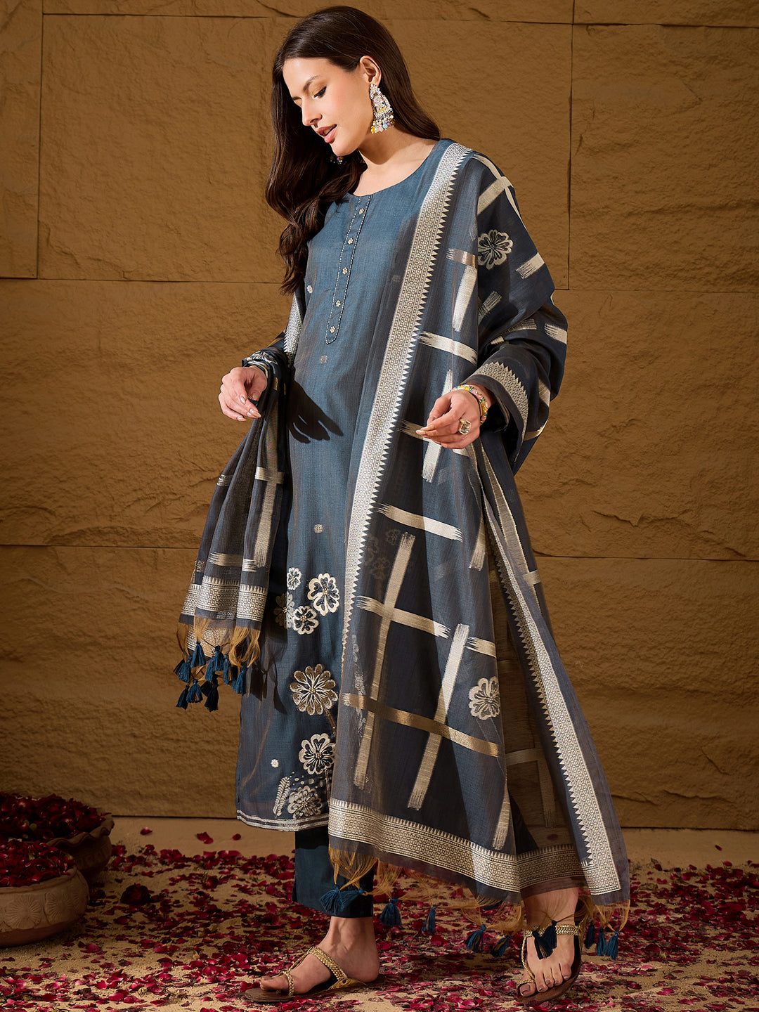 Women Yellow Chanderi Solid Woven Design Straight Kurta Trousers With Dupatta