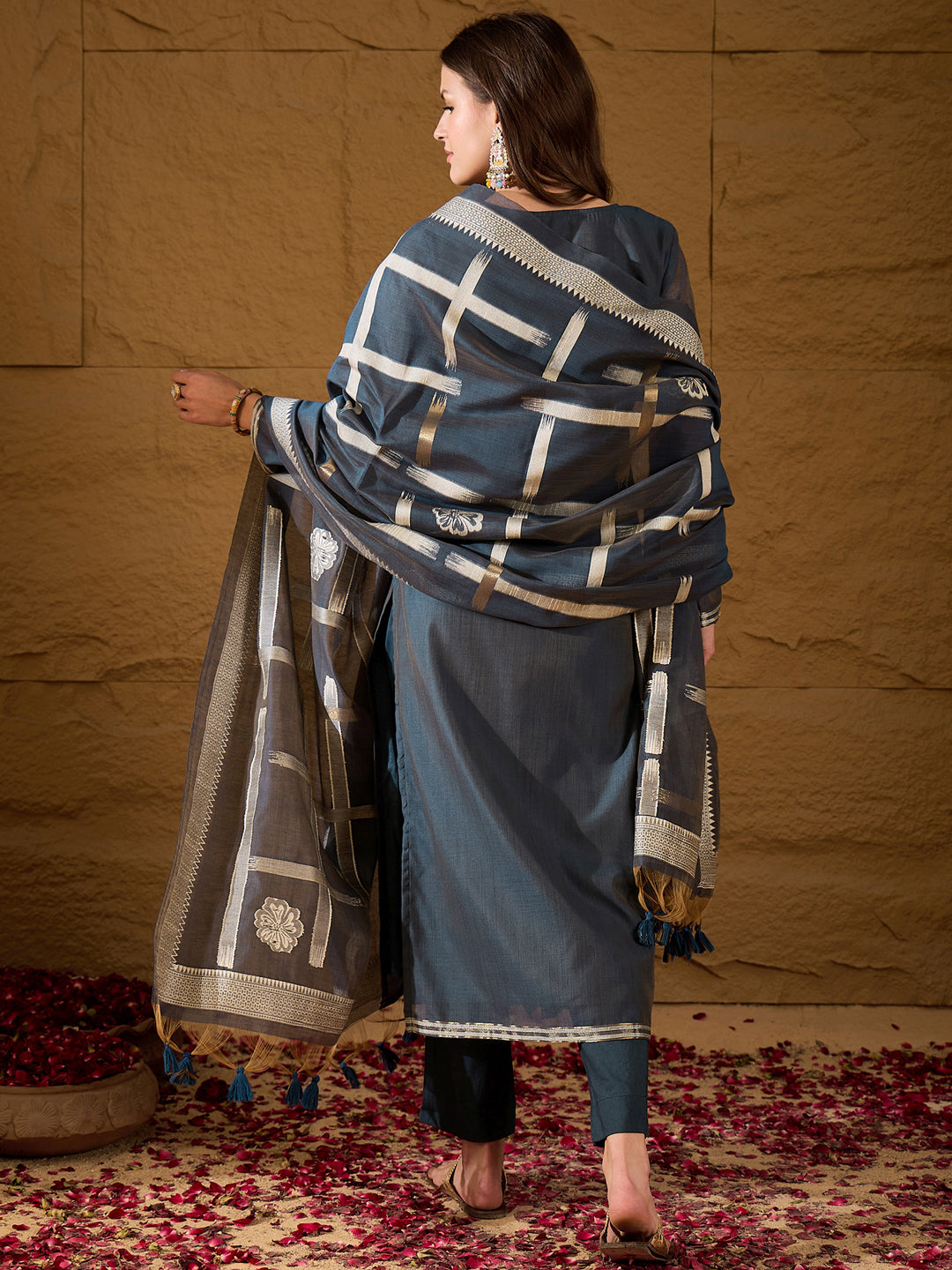 Women Yellow Chanderi Solid Woven Design Straight Kurta Trousers With Dupatta