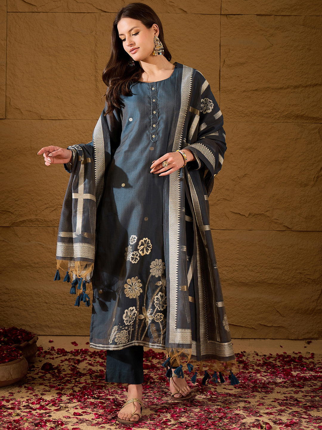 Women Yellow Chanderi Solid Woven Design Straight Kurta Trousers With Dupatta