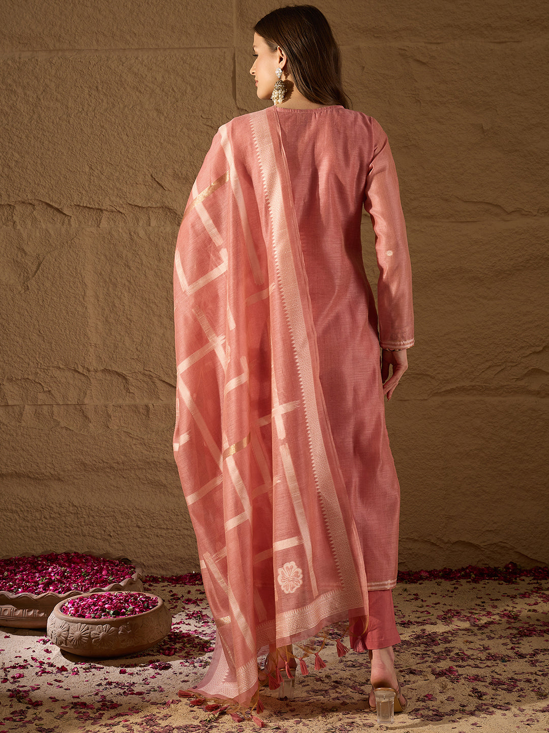 Women Pink Chanderi Solid Woven Design Straight Kurta Trousers With Dupatta