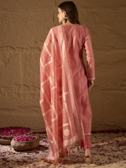 Women Pink Chanderi Solid Woven Design Straight Kurta Trousers With Dupatta-SKSKD3029