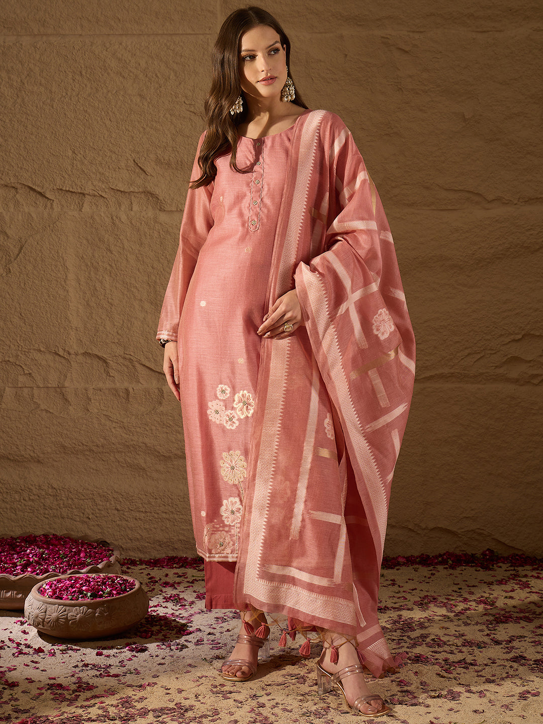 Women Pink Chanderi Solid Woven Design Straight Kurta Trousers With Dupatta-SKSKD3029