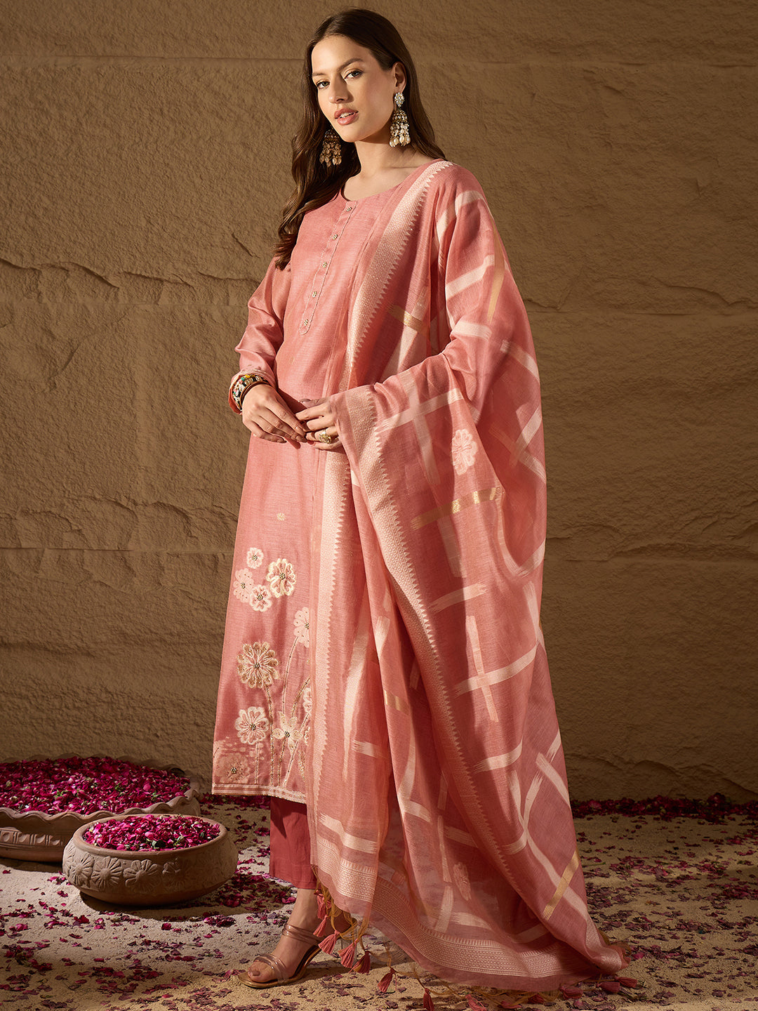 Women Pink Chanderi Solid Woven Design Straight Kurta Trousers With Dupatta