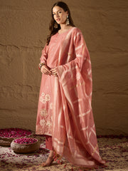 Women Pink Chanderi Solid Woven Design Straight Kurta Trousers With Dupatta-SKSKD3029