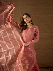 Women Pink Chanderi Solid Woven Design Straight Kurta Trousers With Dupatta-SKSKD3029