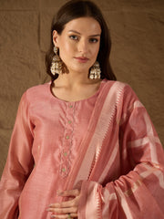 Women Pink Chanderi Solid Woven Design Straight Kurta Trousers With Dupatta-SKSKD3029