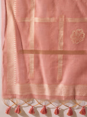 Women Pink Chanderi Solid Woven Design Straight Kurta Trousers With Dupatta-SKSKD3029