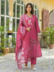 Women Pink Rayon Blend Bandhani Printed Straight Kurta Trouser With Dupatta-SKSKD3038