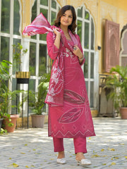 Women Pink Rayon Blend Bandhani Printed Straight Kurta Trouser With Dupatta-SKSKD3038