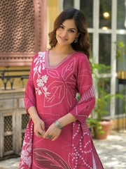 Women Pink Rayon Blend Bandhani Printed Straight Kurta Trouser With Dupatta-SKSKD3038