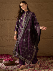 Women Purple Silk Blend Floral Foil Printed Straight Kurta Sets-SKSKD3041