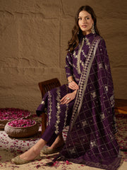 Women Purple Silk Blend Floral Foil Printed Straight Kurta Sets-SKSKD3041
