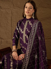 Women Purple Silk Blend Floral Foil Printed Straight Kurta Sets-SKSKD3041