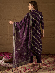 Women Purple Silk Blend Floral Foil Printed Straight Kurta Sets-SKSKD3041