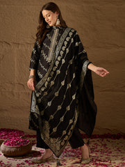 Women Black Silk Blend Floral Foil Printed Straight Kurta Sets-SKSKD3042