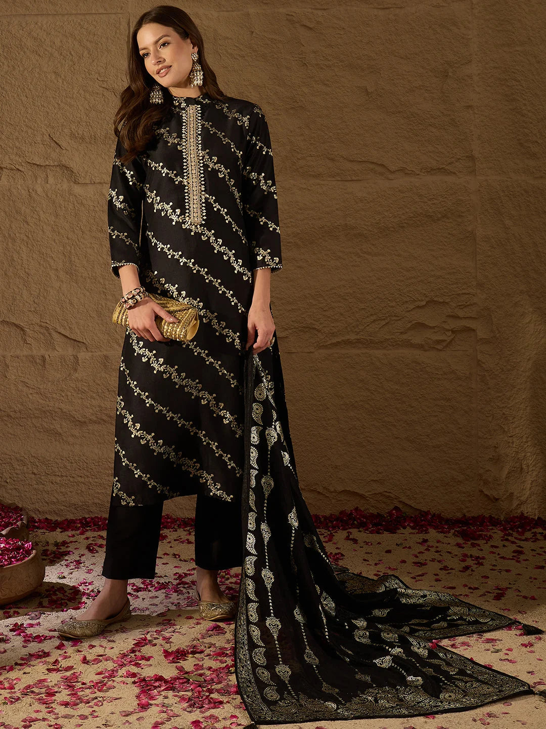 Women Black Silk Blend Floral Foil Printed Straight Kurta Sets