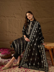 Women Black Silk Blend Floral Foil Printed Straight Kurta Sets-SKSKD3042