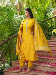 Women Yellow Silk Blend Floral Printed Straight Kurta Trousers With Dupatta-SKSKD3043