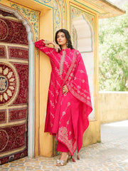 Women Pink Silk Blend Floral Printed Straight Kurta Trousers With Dupatta-SKSKD3044