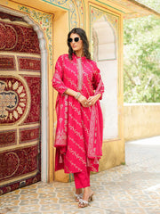 Women Pink Silk Blend Floral Printed Straight Kurta Trousers With Dupatta-SKSKD3044