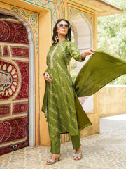 Women Olive Silk Blend Floral Printed Straight Kurta Trousers With Dupatta-SKSKD3045
