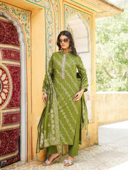 Women Olive Silk Blend Floral Printed Straight Kurta Trousers With Dupatta-SKSKD3045
