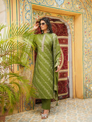 Women Olive Silk Blend Floral Printed Straight Kurta Trousers With Dupatta-SKSKD3045