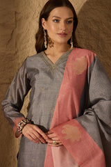 Grey Chanderi Solid Woven Design Straight Kurta Trouser With Dupatta SKSKD3048