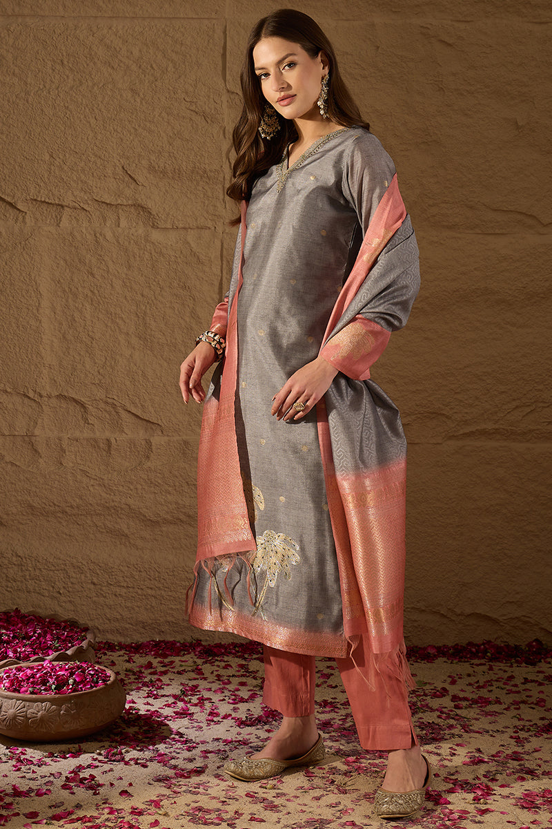 Grey Chanderi Solid Woven Design Straight Kurta Trouser With Dupatta SKSKD3048