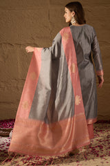 Grey Chanderi Solid Woven Design Straight Kurta Trouser With Dupatta SKSKD3048