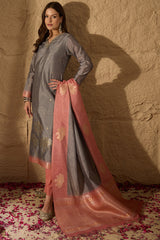Grey Chanderi Solid Woven Design Straight Kurta Trouser With Dupatta SKSKD3048
