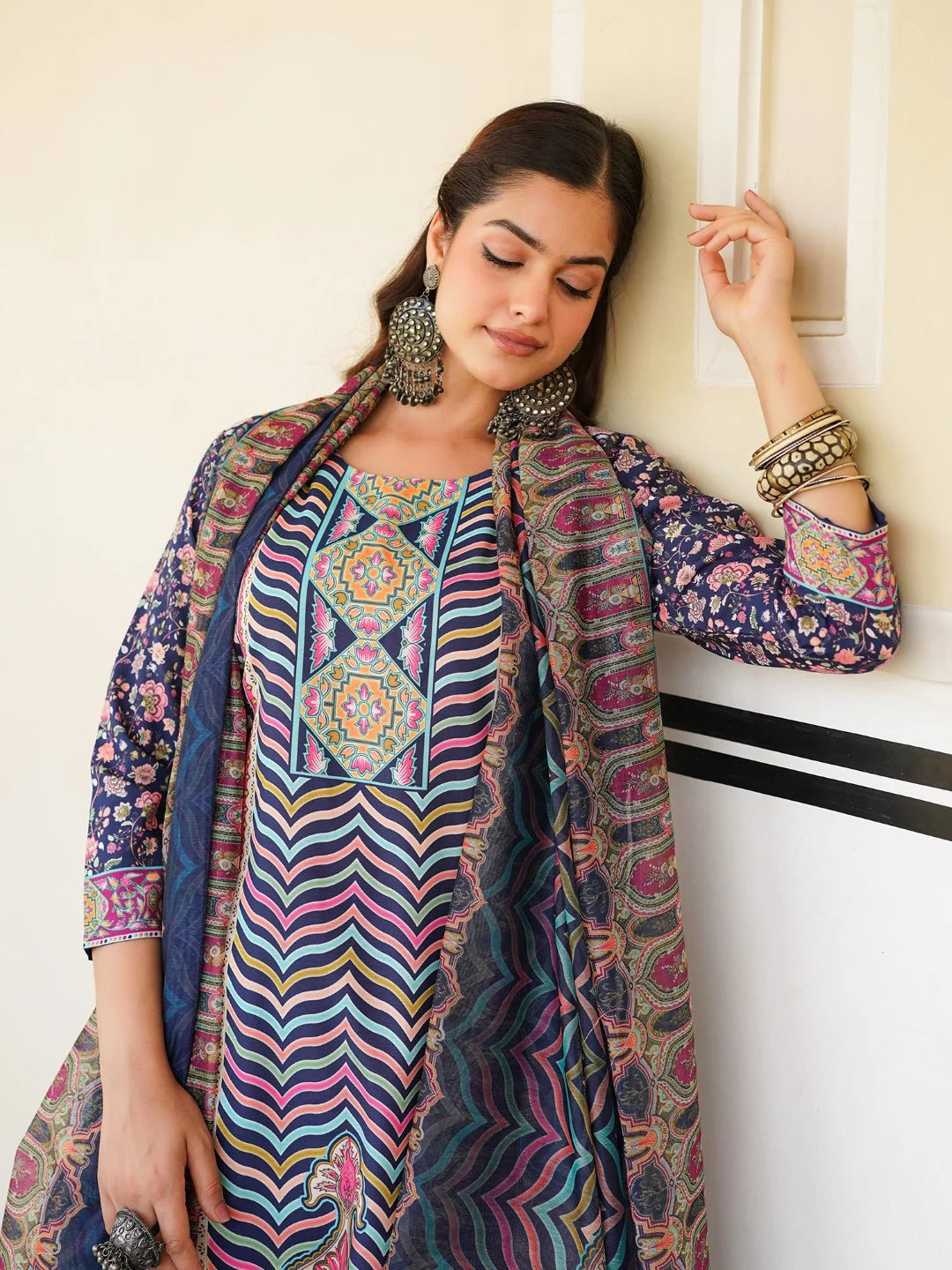 Women Blue Rayon Blend Ethnic Motifs Printed Straight Kurta Trouser With Dupatta-SKSKD3049