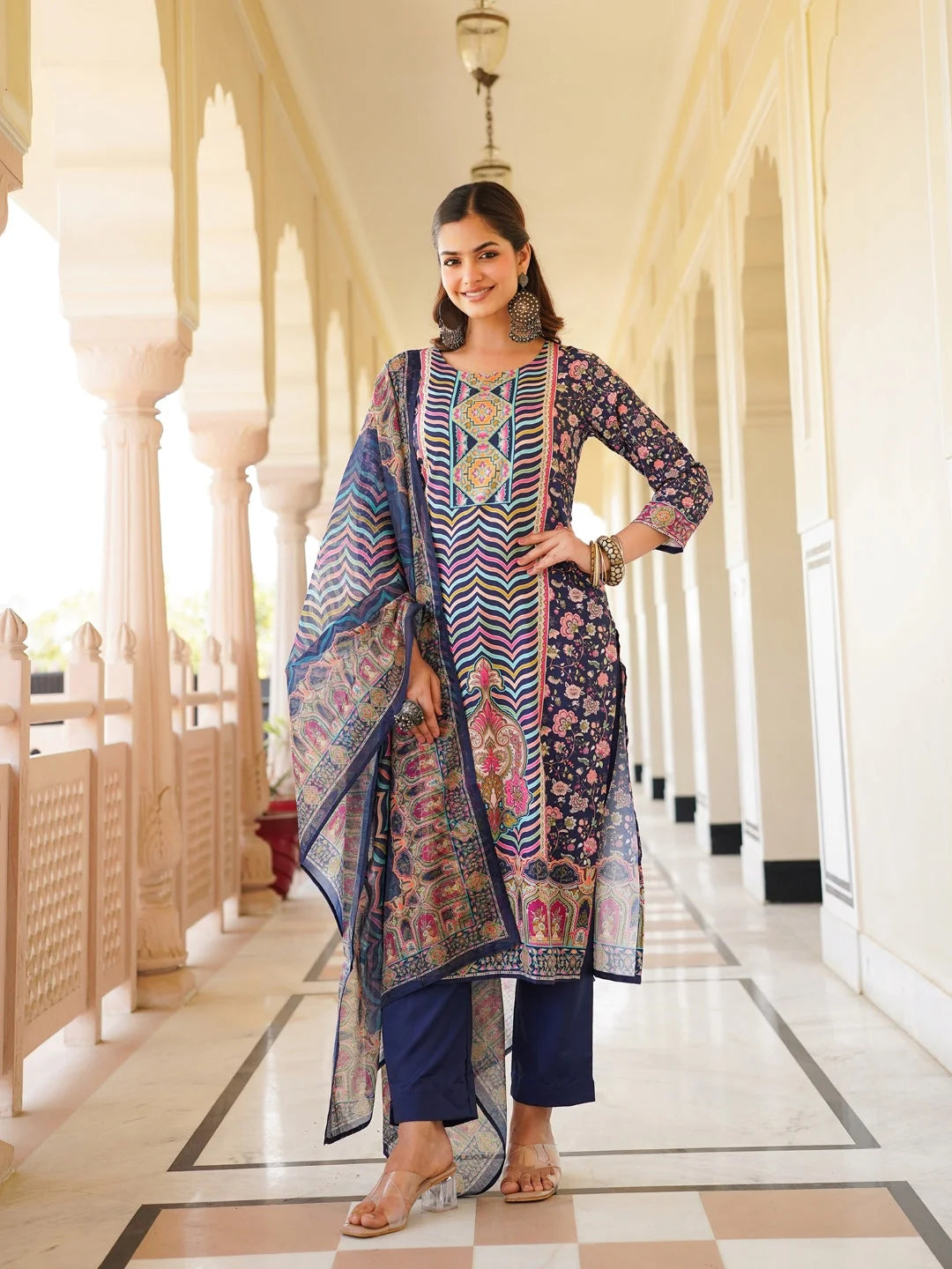 Women Blue Rayon Blend Ethnic Motifs Printed Straight Kurta Trouser With Dupatta