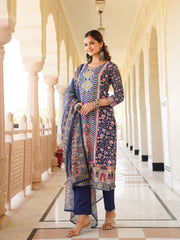 Women Blue Rayon Blend Ethnic Motifs Printed Straight Kurta Trouser With Dupatta-SKSKD3049