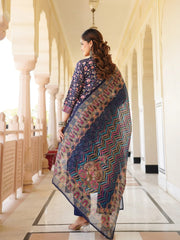 Women Blue Rayon Blend Ethnic Motifs Printed Straight Kurta Trouser With Dupatta-SKSKD3049