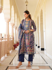 Women Blue Rayon Blend Ethnic Motifs Printed Straight Kurta Trouser With Dupatta-SKSKD3049
