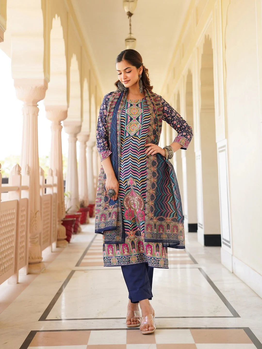 Women Blue Rayon Blend Ethnic Motifs Printed Straight Kurta Trouser With Dupatta