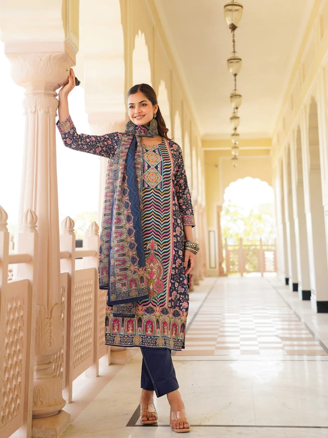 Women Blue Rayon Blend Ethnic Motifs Printed Straight Kurta Trouser With Dupatta