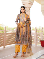 Women Yellow Rayon Blend Ethnic Motifs Printed Straight Kurta Trouser With Dupatta-SKSKD3050