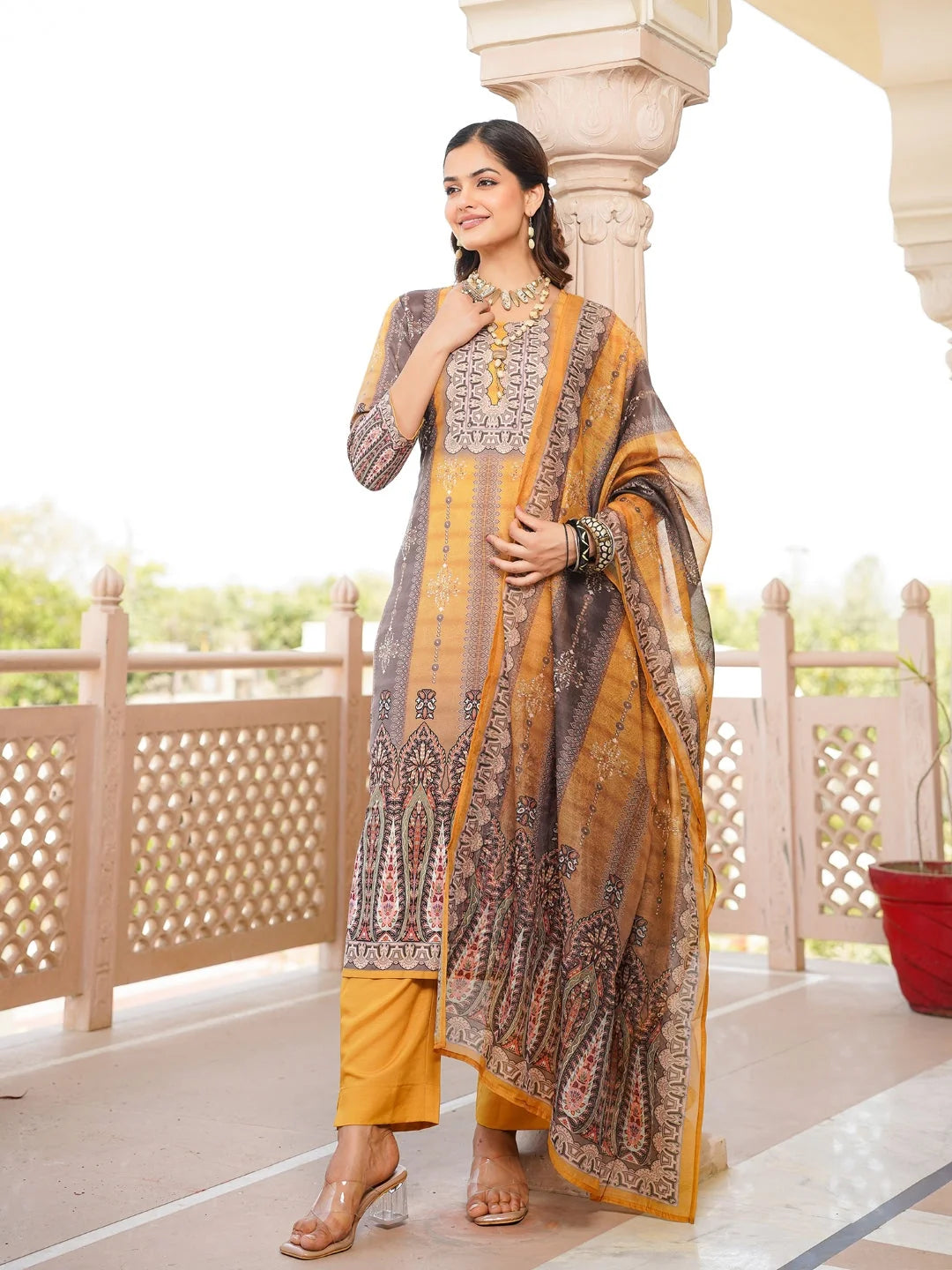 Women Yellow Rayon Blend Ethnic Motifs Printed Straight Kurta Trouser With Dupatta