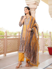 Women Yellow Rayon Blend Ethnic Motifs Printed Straight Kurta Trouser With Dupatta-SKSKD3050