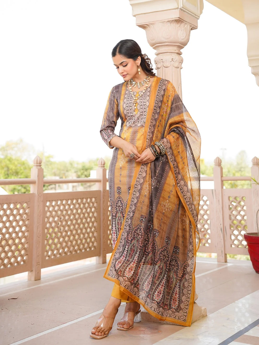 Women Yellow Rayon Blend Ethnic Motifs Printed Straight Kurta Trouser With Dupatta