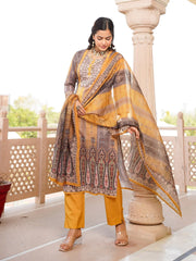 Women Yellow Rayon Blend Ethnic Motifs Printed Straight Kurta Trouser With Dupatta-SKSKD3050
