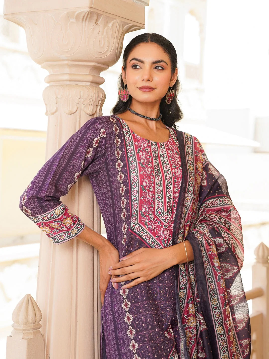 Women Purple Rayon Blend Ethnic Motifs Printed Straight Kurta Trouser With Dupatta