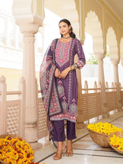 Women Purple Rayon Blend Ethnic Motifs Printed Straight Kurta Trouser With Dupatta-SKSKD3051