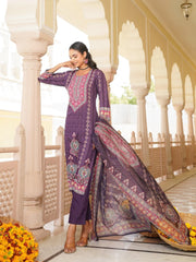 Women Purple Rayon Blend Ethnic Motifs Printed Straight Kurta Trouser With Dupatta-SKSKD3051