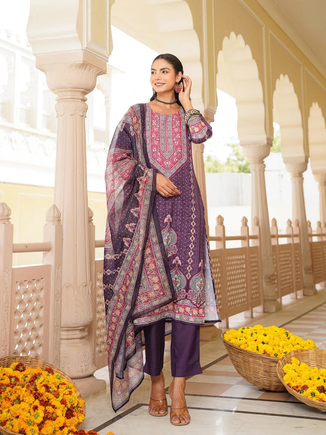 Women Purple Rayon Blend Ethnic Motifs Printed Straight Kurta Trouser With Dupatta