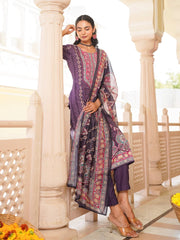 Women Purple Rayon Blend Ethnic Motifs Printed Straight Kurta Trouser With Dupatta-SKSKD3051