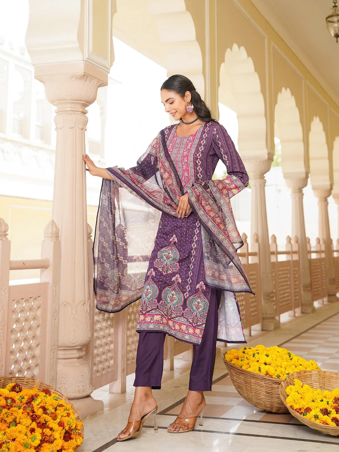 Women Purple Rayon Blend Ethnic Motifs Printed Straight Kurta Trouser With Dupatta